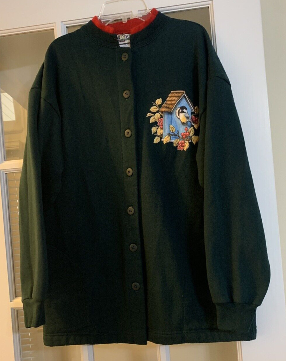 Day Breeze green vintage bird themed crewneck button sweatshirt collared LARGE